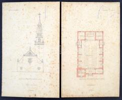 Jelzés nélkül: Újhatvani Róm.Kat templom tervrajzai. Ceruza-akvarell, karton, foltos, összesen: 6 tá...