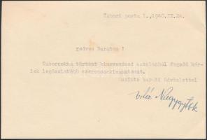 1940  A M. Kir. Honv. Hadsereg parancsnoka által Bántay Alfrédnak küldött levél tábornokká való kinevezése alkalmából, aláírva