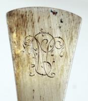 Ezüst (Ag.) leveses kanál, monogrammal, jelzett, h:22 cm, nettó: 463 g