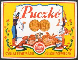 cca 1935 "Puczkó"  gyulai hentesáru-különlegességek. Kifüggeszthető karton reklámplakát. Barcza jelzéssel. / Butcher commercial on cartboard. 28x21 cm