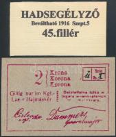 Hajmáskér / hadifogolytábor I.kiadás 1914. 2K + 1916. "Köruti Fürdő" Hadsegélyező utalványa 45f értékben T:I-