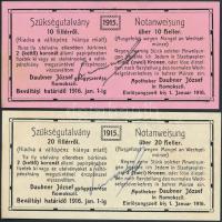 1915. 10f + 20f szükségutalvány "Daubner József gyógyszerész", hátoldalukon "Temes Vármegye Homokszil Község 1910" felülbélyegzéssel T:I,I-,II