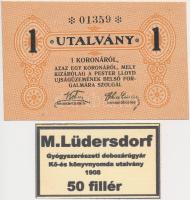 1908. "M. Lüdersdorf Gyógyszerészeti dobozárúgyár Kő- és könyvnyomda utalvány" 50f + Budapest ~1920. 1K "Pester Lloyd" utalvány T:I