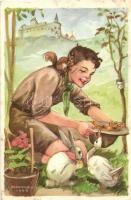 A cserkész szereti a természetet, jó az állatokhoz... Cserkész levelezőlapok kiadóhivatala / Hungarian scouting art postcard s: Márton L.