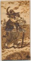 Disznó úr; pirografált, fából készített képeslap / Pyrographic handmade postcard from wood, postally used