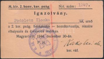 1944 Magyaróvár, A M.kir.2.honv.ker.pság. által kiállított igazolvány nyilaskeresztes pecséttel