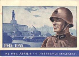 1955 Április 4-i díszszemle emlékére; Vöröshadsereg katonai lap, Sztálin szobor / Red Army propaganda card, statue of Stalin (fa)