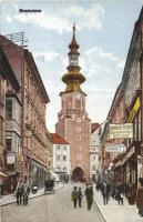 Pozsony, Bratislava; Mihály kapu utca, Neumann ruhaáruháza / street with shops