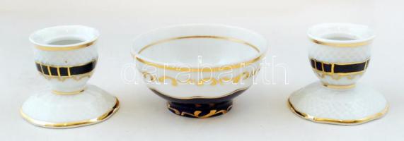 2 db Hollóházi porcelán gyertyatartó, hibátlanok, jelzettek, m: 4,5 cm + Zsolnay porcelán fűszertartó, hibátlan, jelzett, d: 7,5 cm, m: 3,5 cm