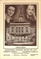 Óbecse, Becej; a Három a kislány színdarab szabadtéri előadásának reklámlapja, Zimonyi Márta és dr. Laurisin Lajos arcképével, a lap Laurisin Lajosnak címezve / advertisment of the outdoor show of a Hungarian drama, with the pictures of actors Márta Zimonyi and Dr. Lajos Laurisin (EK)