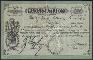 1912 Vadászati jegy Nagykőrösön kiállítva / Hunter card