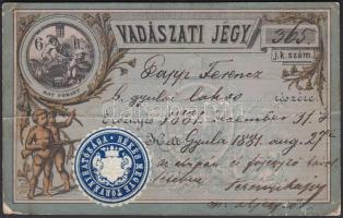 1881 Vadászati jegy 6Ft értékjeggyel Gyulán kiállítva. Apró sérülések