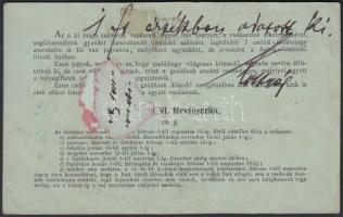 1881 Cseléd vadászati jegy 2Ft értékjeggyel Nyitrán kiállítva / Hunter card for servant
