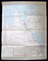 1889 Ausztrália, Queensland posta, távírda, eső és vasúttérkép. Nagyméretű térkép / 1889 Large postal, railway telegraph and rainfall map of Queensland, Australia. 70x90 cm