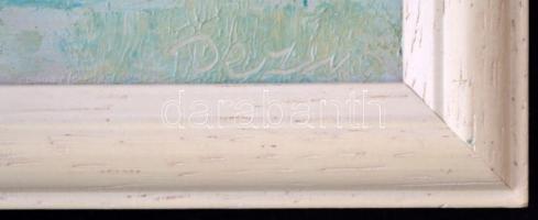 Dézsi Éva (1929-): Tájkompozíció. Olaj, farost, jelzett,  keretben, 9×13 cm