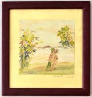 Dézsi Éva (1929-): Vízparti séta . Olaj, farost, jelzett, üvegezett keretben, 14×13 cm