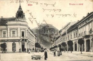 Déva, Deva; Fő utca, vár, Fehér Kereszt Szálloda, Hirsch Testvérek üzlete, gyógyszertár / main street, castle, hotel, pharmacy, shop (EB)