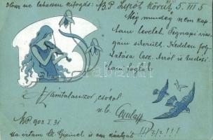 Lady with violin, birds, B.R.W. No. 357., Art Nouveau unsigned Raphael Kirchner (EB)