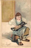 1899 &#039;Fényes siker&#039; cipőpucoló fiú / bootblack boy, Kosmos No. 169., litho, s: H.E. Lipót (Rb)