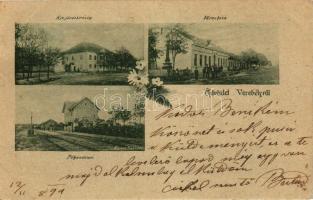 1899 Verebély, Vrable; Vasútállomás, járásbíróság, városháza / railway station, court, town hall; floral