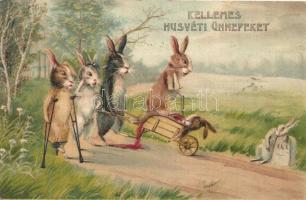 Kellemes húsvéti ünnepeket / Easter, injured rabbits, bleeding rabbit in wheelbarrow, litho (EK)
