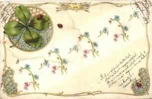 Lóherés üdvözlőlap, katicabogarakkal / Greeting card with clover, ladybugs, Art Nouveau, litho (fa)