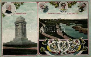 Myslowice, Myslowitz; Bismarckturm / German-Austro-Russian border, Franz Joseph, Wilhelm II, Nicholas II of Russia, Bismarck, coat of arms, flags (fa)