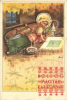 Boldog Magyar Karácsonyt, katonai sapkán alvó juhászfiú, cigaretta / Christmas, shepherd boy sleeping in Hungariana soldier hat, cigarette, s: Bozó (EB)