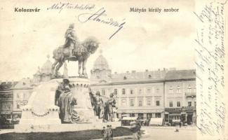 Kolozsvár, Cluj; Mátyás király szobor, Erdélyi Bank, Jeney Lajos üzlete, kiadja Lepage Lajos / statue of Matthias Corvinus, shop, Transylvanian Bank (EK)