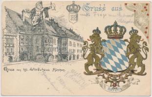 München, Gruss vom kgl. Hofbrauhaus / Greeting from the Royal Beer Hall, coat of arms, golden decoration, litho (fa)