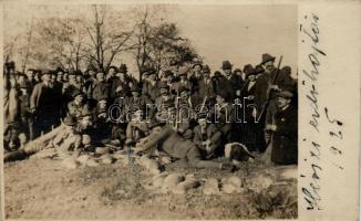 1925 Hévíz, erdőhajtás, vadászok csoportképe kilőtt nyulakkal / Hévíz, Hungary, shot down rabbits with hunters, group photo (ferdén vágott / slant cut)