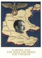1938 Ein Volk, ein Reich, ein Führer / Adolf Hitler, NS propaganda, map of Germany one day after the annexation of Austria, 6 Kpf Ga., So. stpl.
