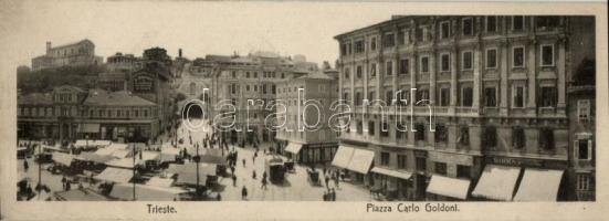 Triest, Piazza Carlo Goldoni / square, market, beer hall, tram(17,6 cm x 6,3 cm)