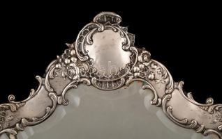 Szecessziós ezüst (Ag.) tükör, fa hátlappal és hiányos támasztórésszel, eredeti csiszolt tükörrel, j...