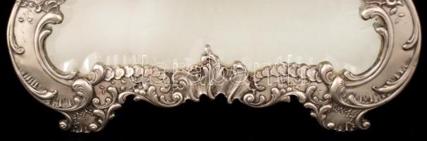 Szecessziós ezüst (Ag.) tükör, fa hátlappal és hiányos támasztórésszel, eredeti csiszolt tükörrel, j...