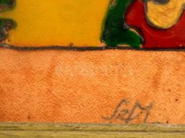 SzM jelzéssel: Zöld ruhában. Vegyes technika, selyem, üvegezett keretben, 19×15 cm