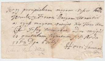 1769 Szőlősvégardó (ma: Pidvinohragyiv, Ukrajna), Horti Sámuel (?-?) elismervénye Komlósy Ferenctől (?-?) átvett értékek tárgyában