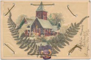 Valódi virágos karácsonyi üdvözlőlap / Christmas greeting card with real flower, Emb. litho