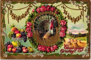 Thanksgiving greeting card, turkey, Trademark 2277. floral, Emb. litho (EK)