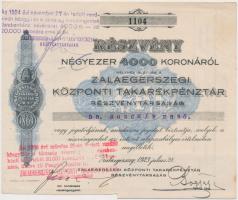 Zalaegerszeg 1923. "Zalaegerszegi Központi Takarékpénztár Részvénytársaság" részvénye 4000K-ról, bélyegzéssel és egy szelvénnyel + Ócsa 1961. "SZÖVOSZ" Földművelésszövetkezeti 50Ft részjegy, lyukasztott T:III kézi vágás a részvényen