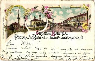 1899 Bjelina, Bieline; Dzamja, Serbische Kirche, Konak & Volksschule / mosque, Serbian church, school, floral, Art Nouvea litho; Verlag von Johann Bauer (fa)