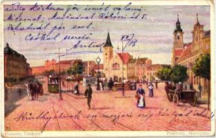 Pozsony, Bratislava; Vásártér, piac, villamos / market square, tram (r)