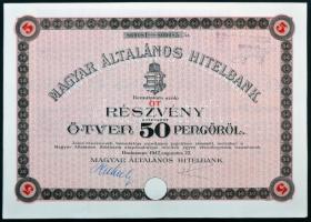 Budapest 1942. "Magyar Általános Hitelbank" 5 részvénye együtt egyenként 50P-ről, szelvényekkel, bélyegzéssel T:I-
