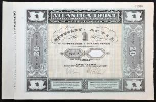 Budapest 1928. "Atlantica Trust Részvénytársaság" részvénye 20P-ről szelvényekkel T:I-