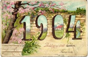 1904 New Year, floral Emb. litho