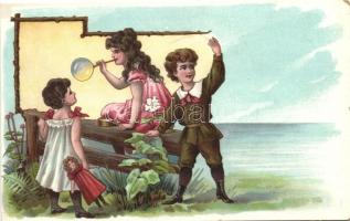 8 darabos művészi litho képeslap sorozat, gyerekkori idillek /  Series of 8 unused litho art postcar...