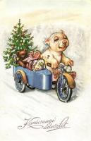 Karácsonyi üdvözlet / Christmas, Bonzo dog on motorcycle with sidecar, W.S.S.B. No. 8369 (Rb)