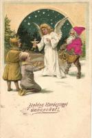 Boldog Karácsonyi ünnepeket! / Christmas, children, angel and Santa Claus; silk card, litho, Emb.