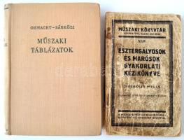 2 db műszaki könyv: Műszaki táblázatok. Összeáll.: Ohmacht Róbert, Sárközi Zoltán. Bp., 1963, Táncsics Könyvkiadó. Vászonkötésben, jó állapotban.; Boldizsár István: Esztergályosok és marósok gyakorlati kézikönyve. Bp., é. n., Műszaki Könyvtár Kiadóhivatala (Műszaki Könyvtár 42.); Megviselt papírkötésben, egyébként jó állapotban.