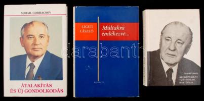 3 db történelmi-politikai könyv: Gyurkó László: Arcképvázlat történelmi háttérrel. (Bp., 1982); Gorbacsov, Mihail: Átalakítás és új gondolkodás országunknak és az egész világnak (Bp., 1987); Ligeti László: Múltakra emlékezve... (Bp., 1975), jó állapotban.